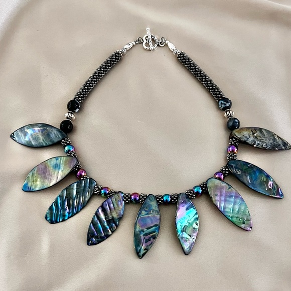 Abalone Shell Leaf Rainbow Hematite Statement Necklace. - Picture 1 of 5